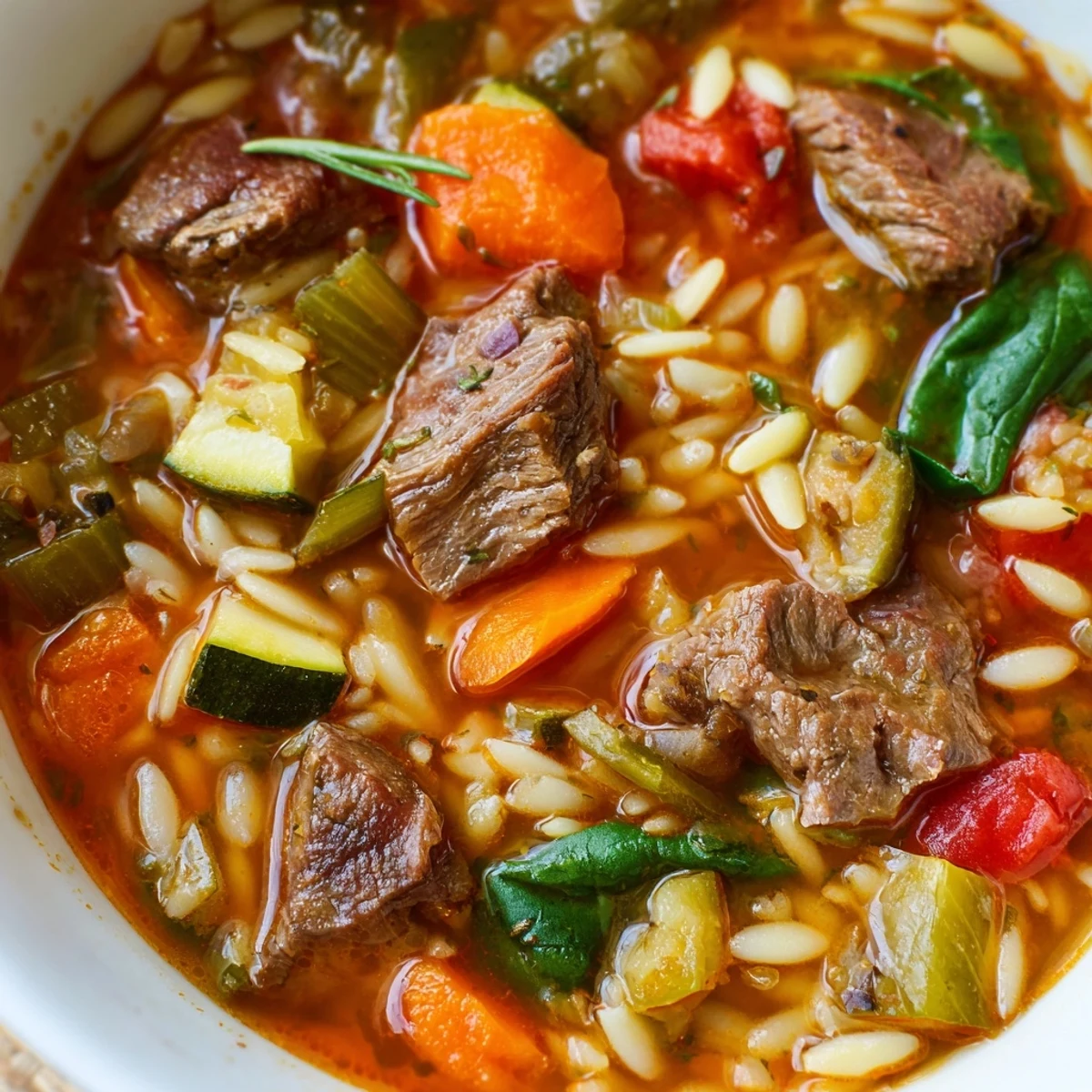 Hearty beef and orzo soup in a rustic bowl with tender vegetables and savory broth