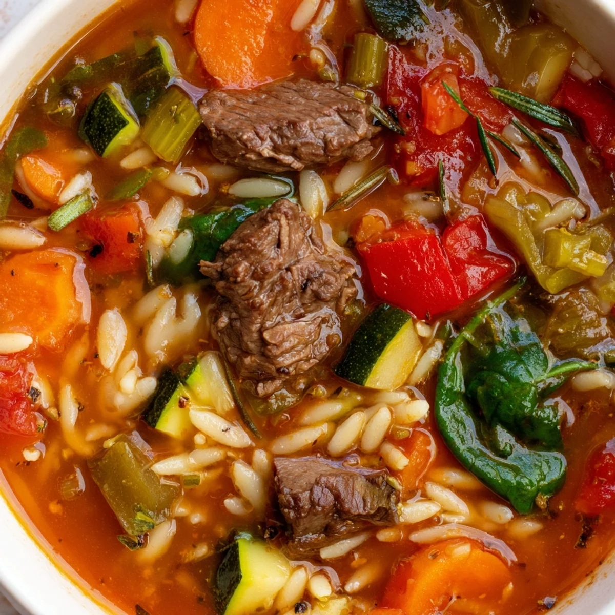 Steaming bowl of hearty beef and orzo soup garnished with fresh parsley