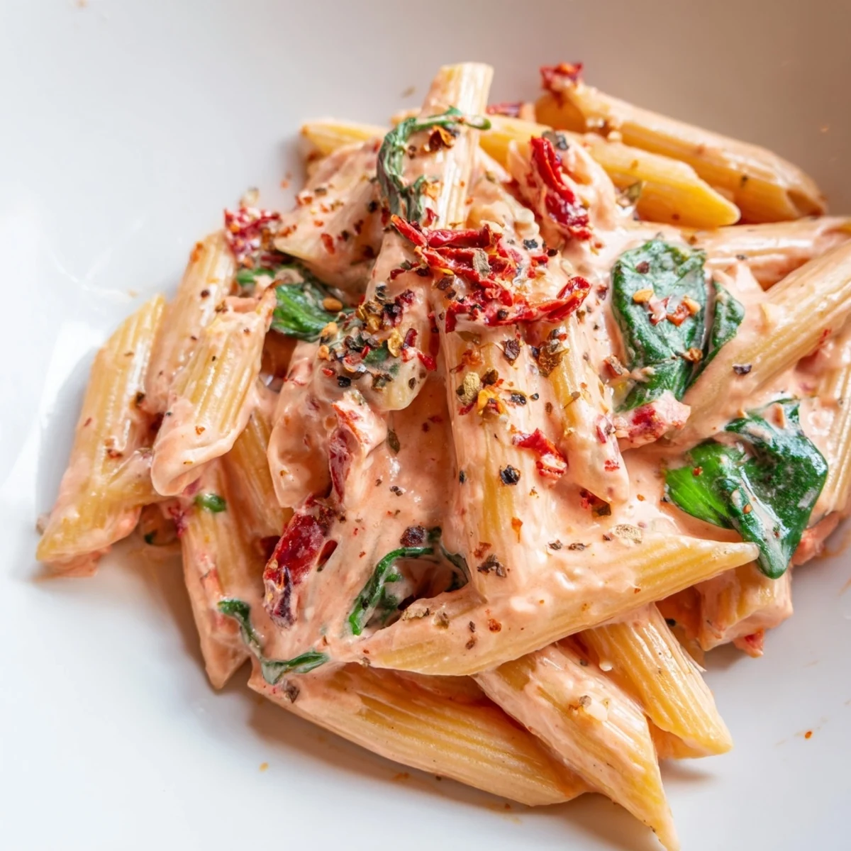Creamy sun dried tomato spinach pasta in a rustic skillet with vibrant green wilted leaves throughout