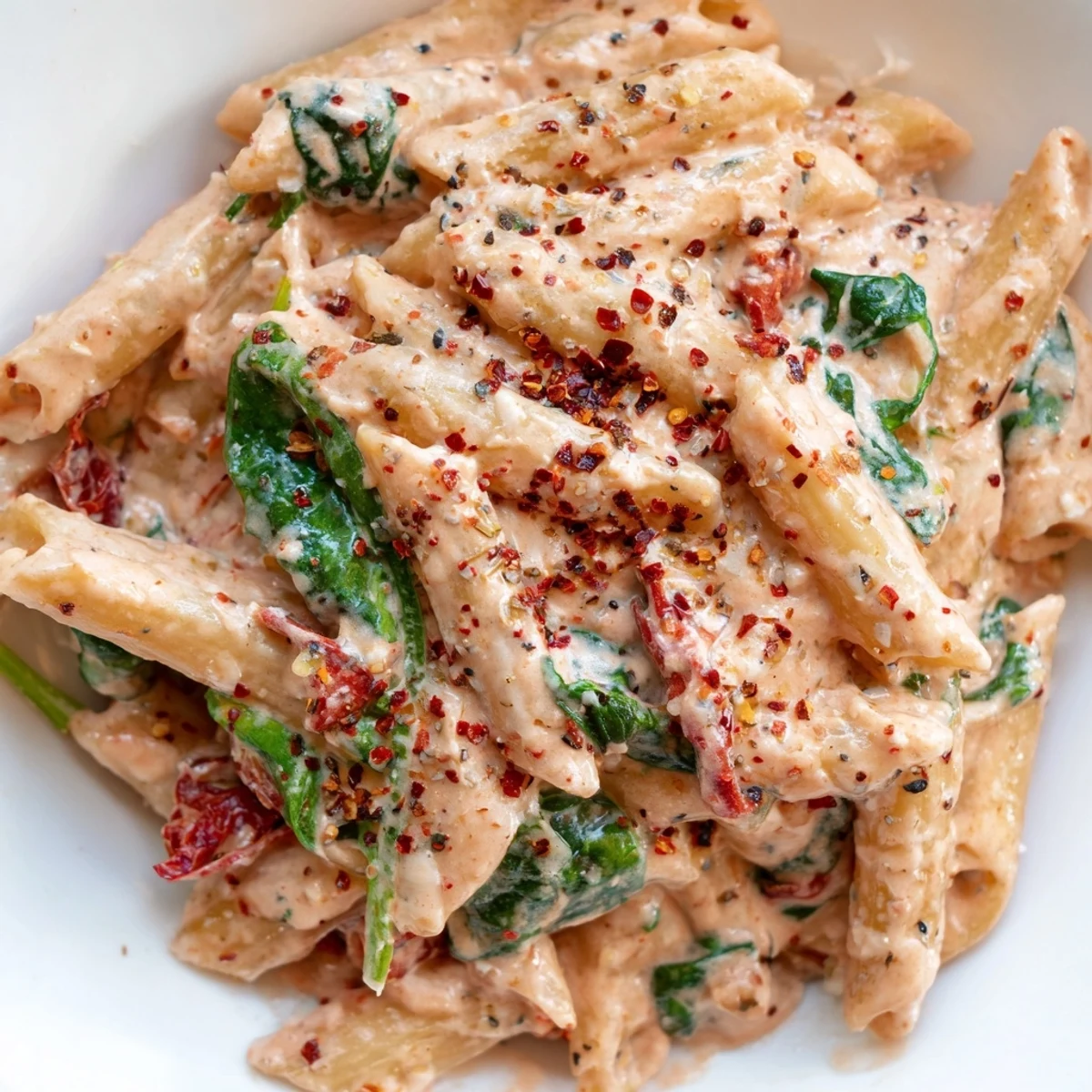 One pan creamy sun dried tomato spinach pasta topped with freshly grated Parmesan cheese and served steaming