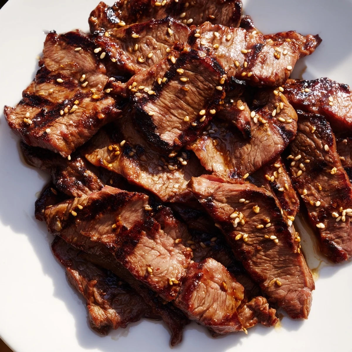 Juicy grilled beef yakiniku with charred vegetables on a smoky grill pan
