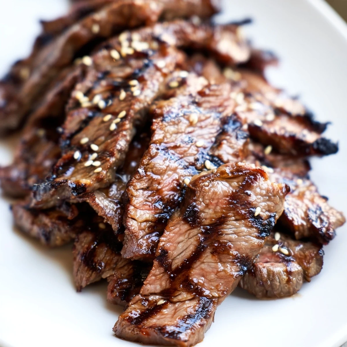 Tender beef yakiniku glistening with savory soy glaze beside crisp bell peppers