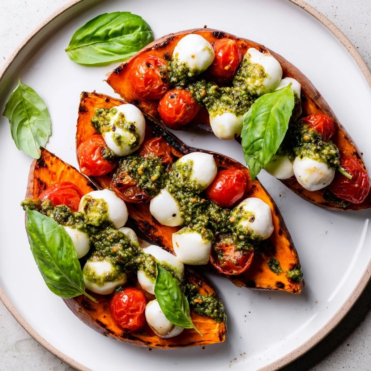 Roasted Summer Sweet Potatoes topped with bright tomatoes and melted mozzarella on a rustic white plate