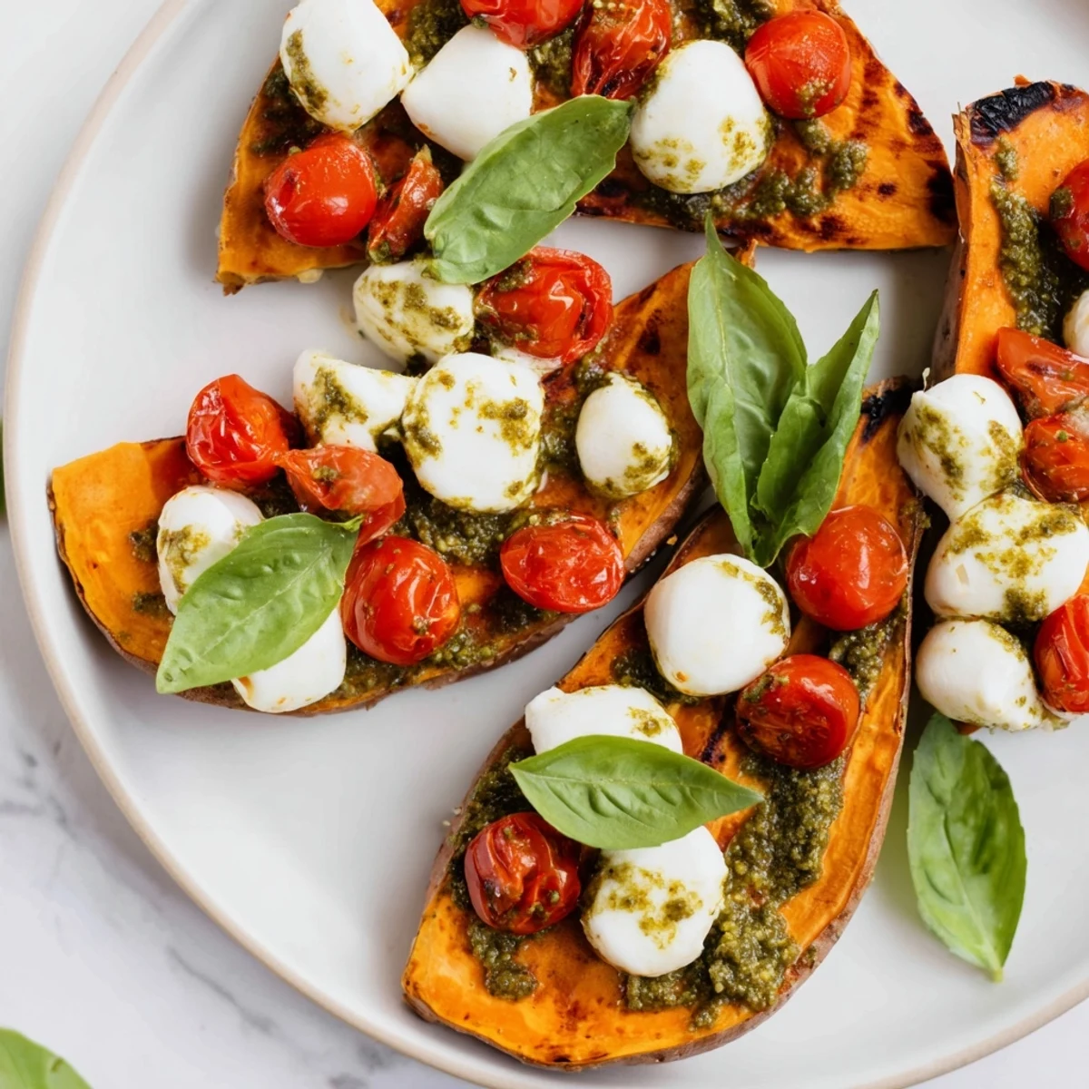 Golden Summer Sweet Potatoes layered with creamy mozzarella balls and drizzled with vibrant green pesto