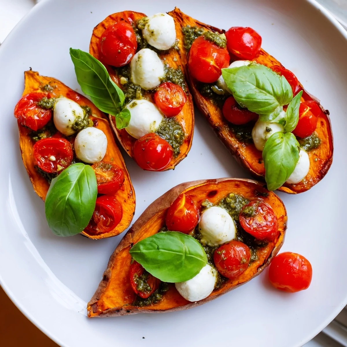 Summer Sweet Potatoes With Tomatoes Mozzarella Pesto