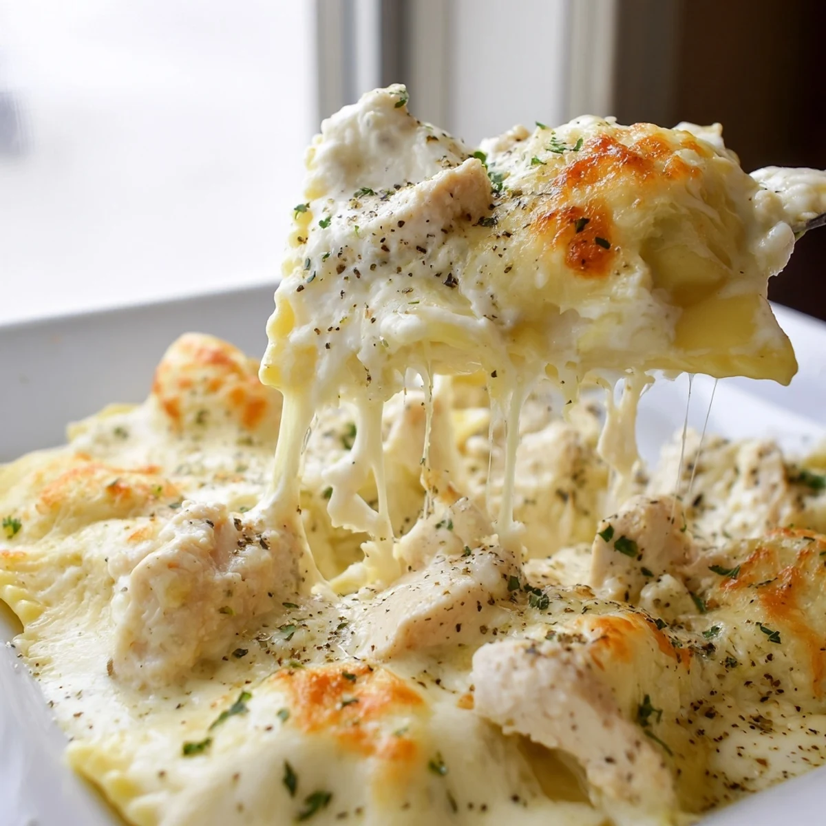 Golden bubbling chicken Alfredo baked ravioli with melted mozzarella and fresh parsley