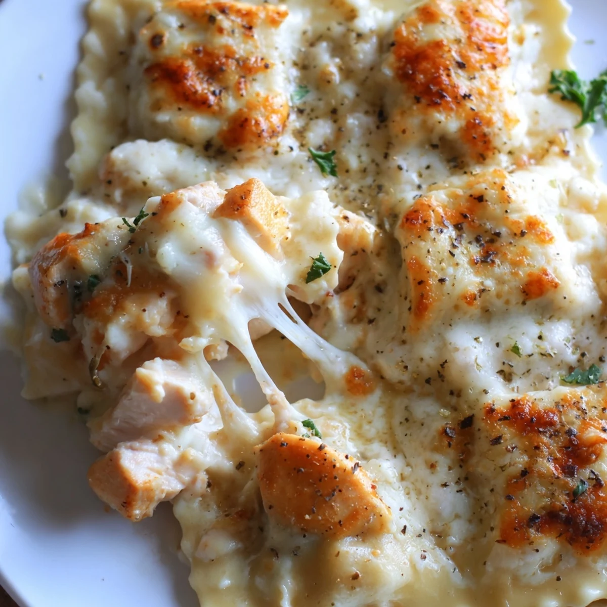 Creamy chicken Alfredo baked ravioli casserole scooped from a cheesy nine-by-thirteen dish