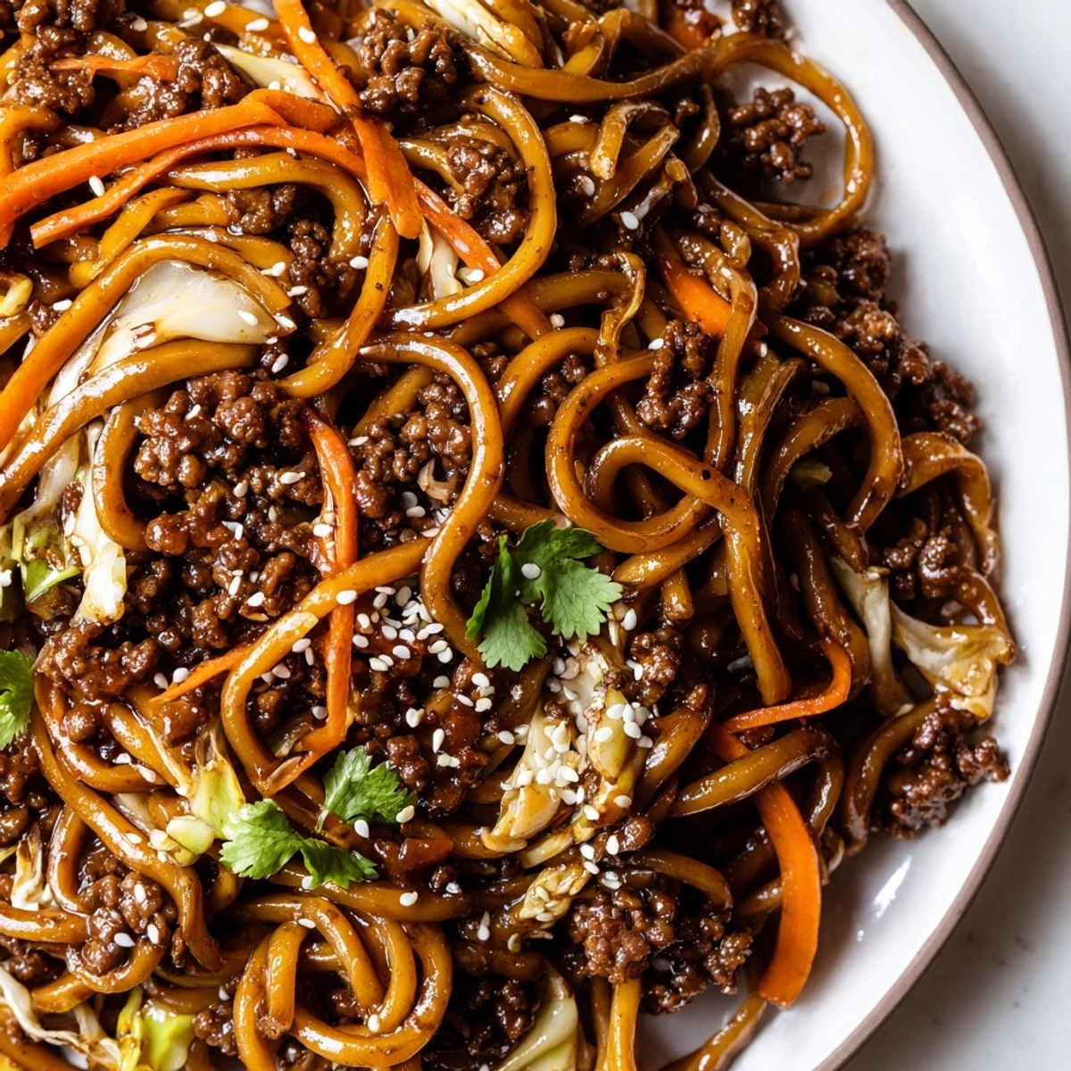 Steaming plate of Asian ground beef noodles tossed with colorful crisp vegetables and sesame seeds