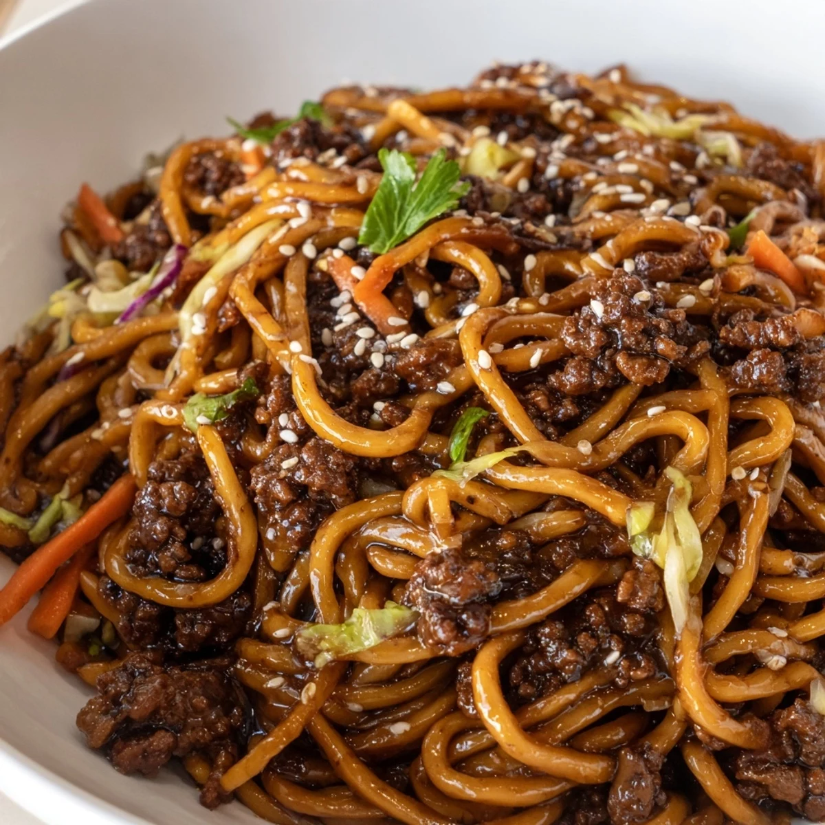 Asian ground beef noodles glistening with savory soy sauce in a black cast iron skillet