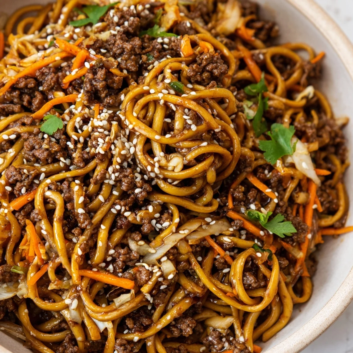 Warm bowl of Asian ground beef noodles topped with fresh cilantro and sliced green onions