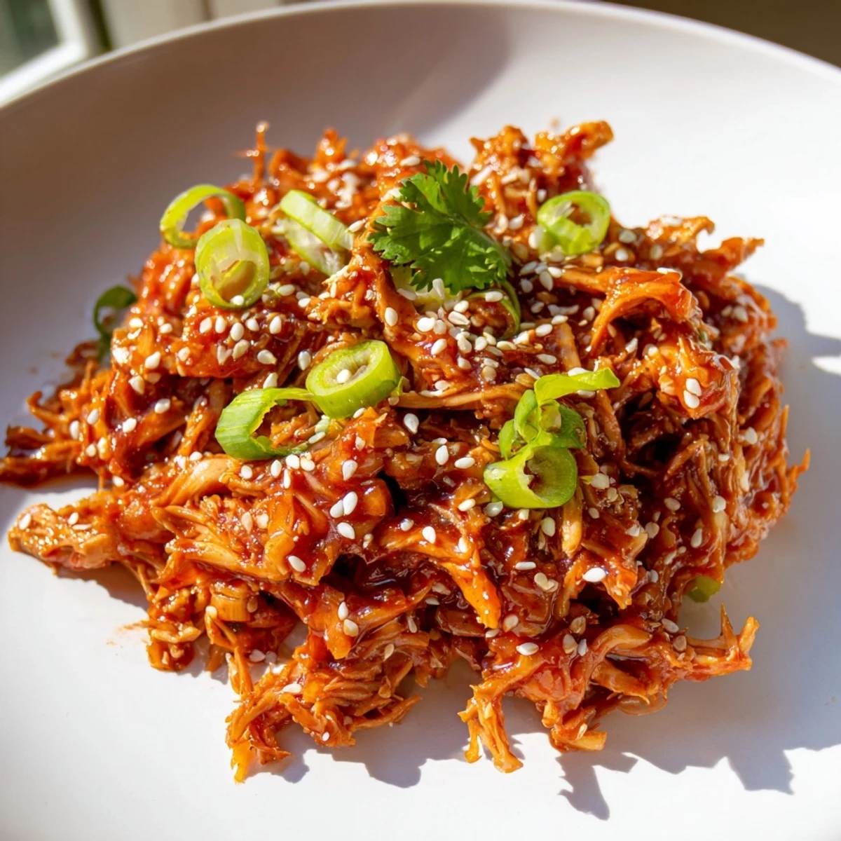 Tender slow cooker sweet chili chicken glazed with sticky sauce topped with sesame seeds