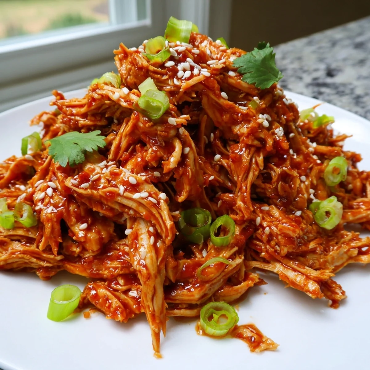 Shredded slow cooker sweet chili chicken in glistening orange sauce ready over fluffy rice
