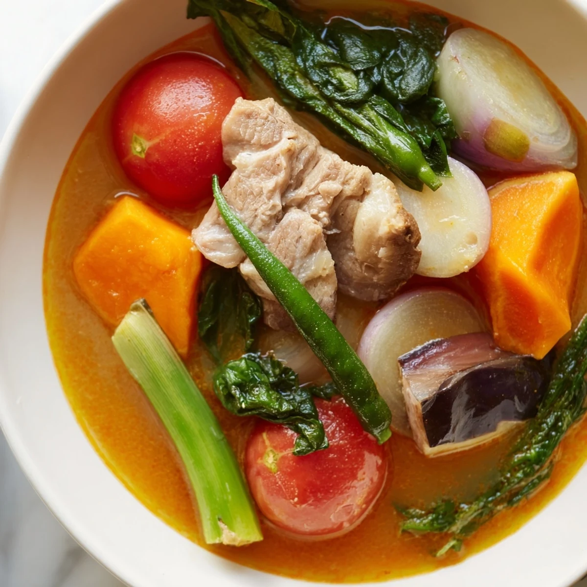 Steaming bowl of Filipino Sinigang sour soup with tender pork and fresh vegetables