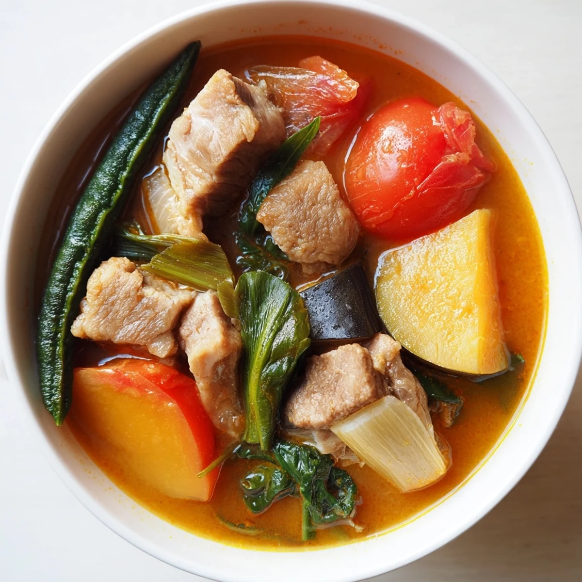 Filipino Sinigang sour soup served in a rustic pot with spinach and radish