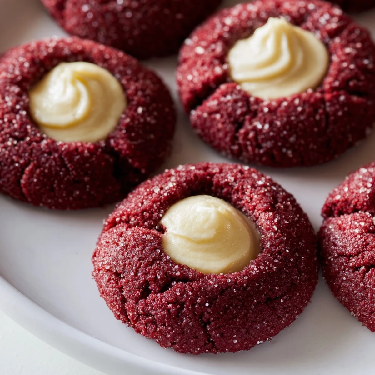 Red velvet thumbprint cookies with creamy cheesecake filling on a rustic white platter