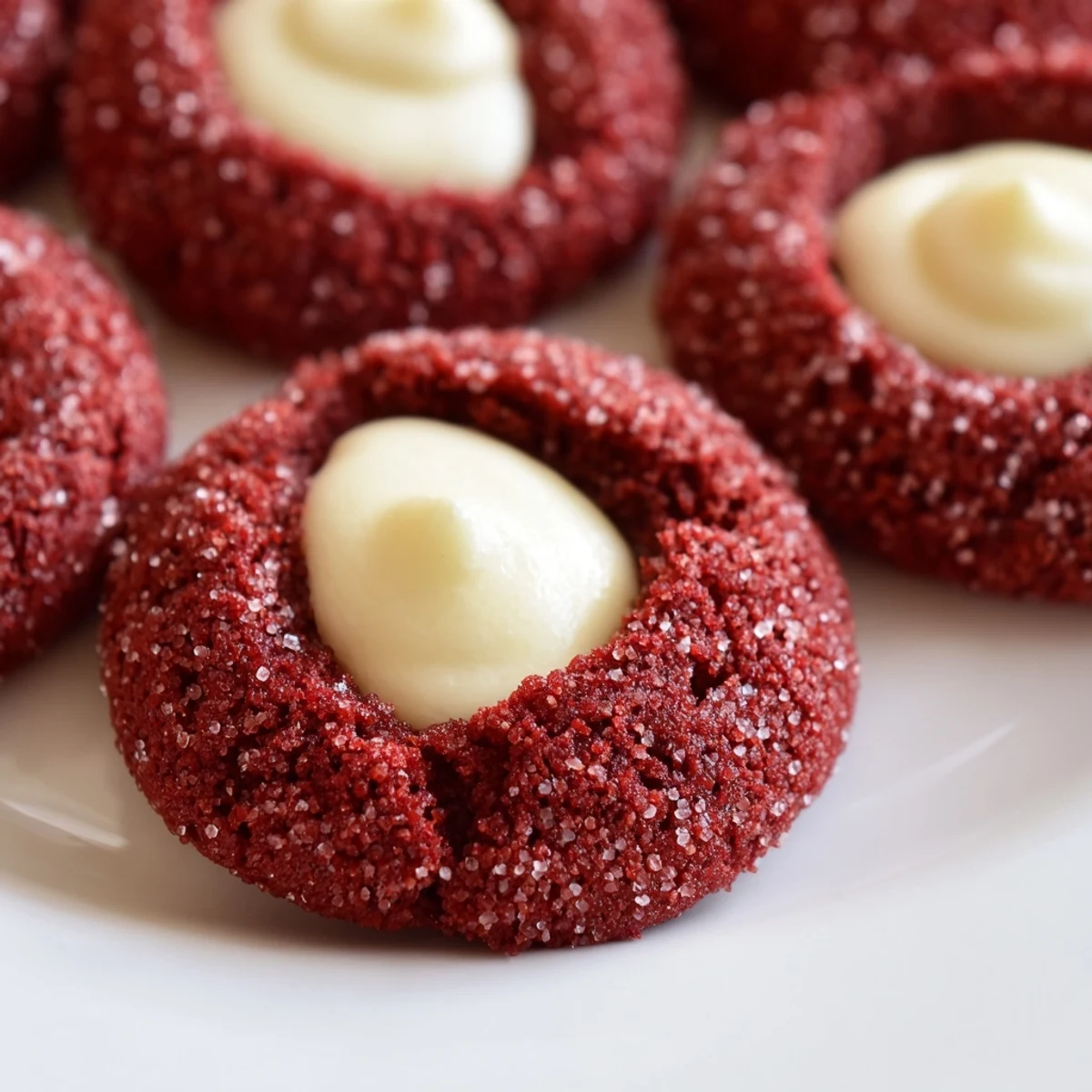 Bright red velvet thumbprint cookies topped with smooth cream cheese centers ready to serve