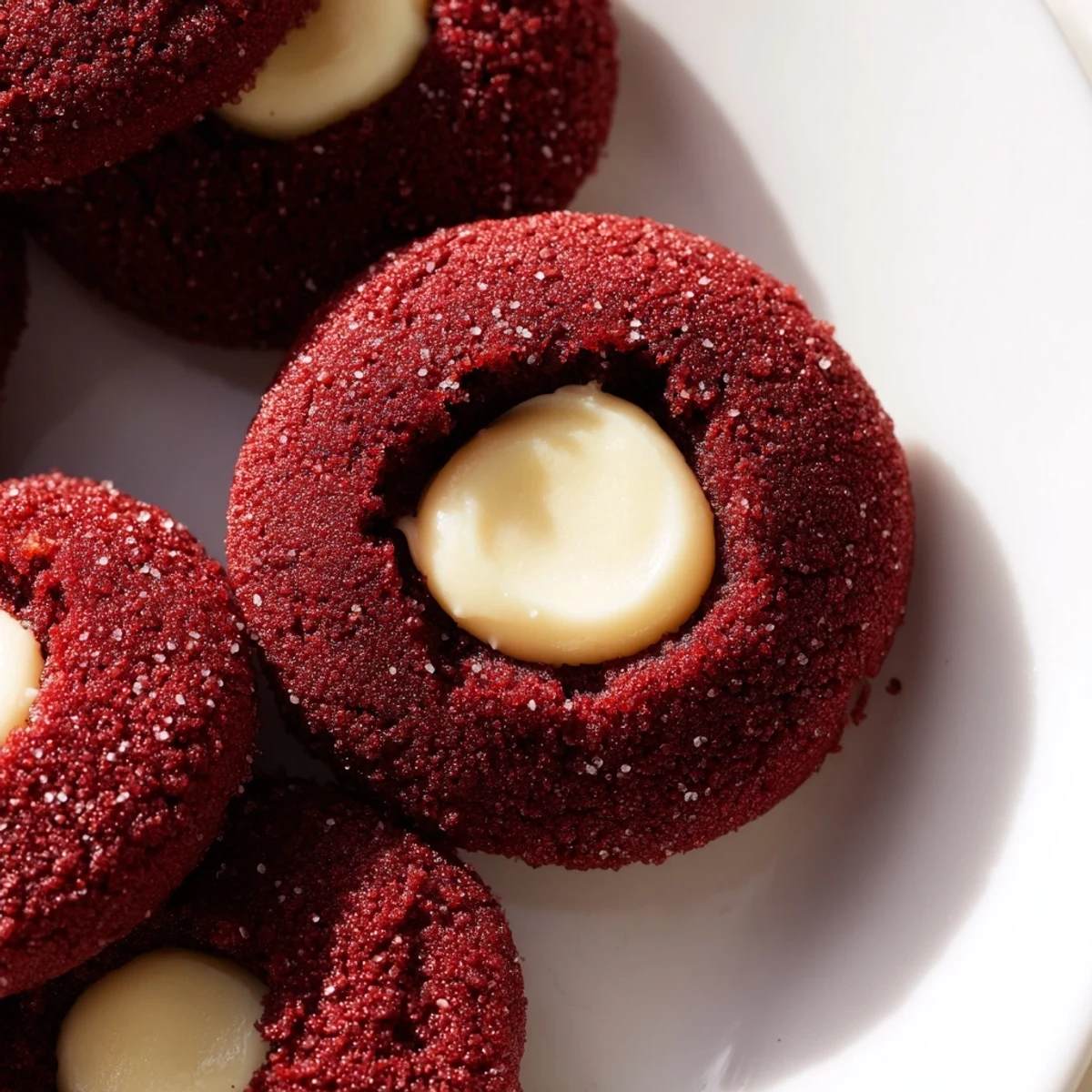 Crisp-edged red velvet thumbprint cookies with dollops of sweet cream cheese filling arranged beautifully