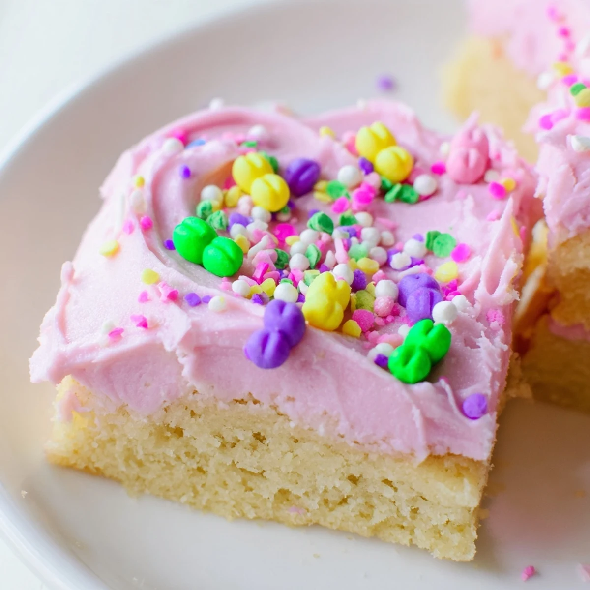 Soft Easter sugar cookie bars with swirled pastel frosting and colorful sprinkles on a white platter