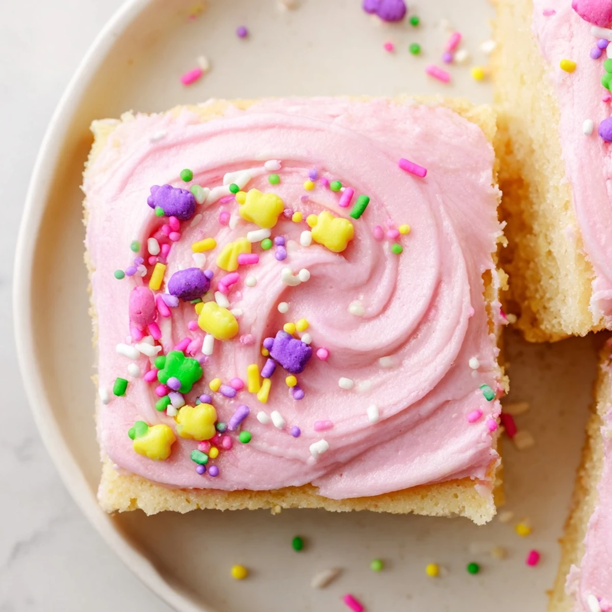 Thick-cut Easter sugar cookie bars showcasing creamy pink and yellow buttercream topped with festive sprinkles
