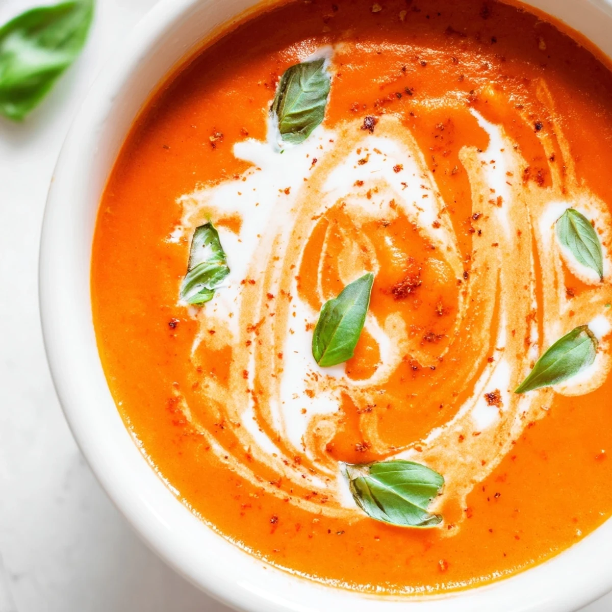 Creamy fire roasted tomato soup in a white bowl garnished with fresh basil leaves