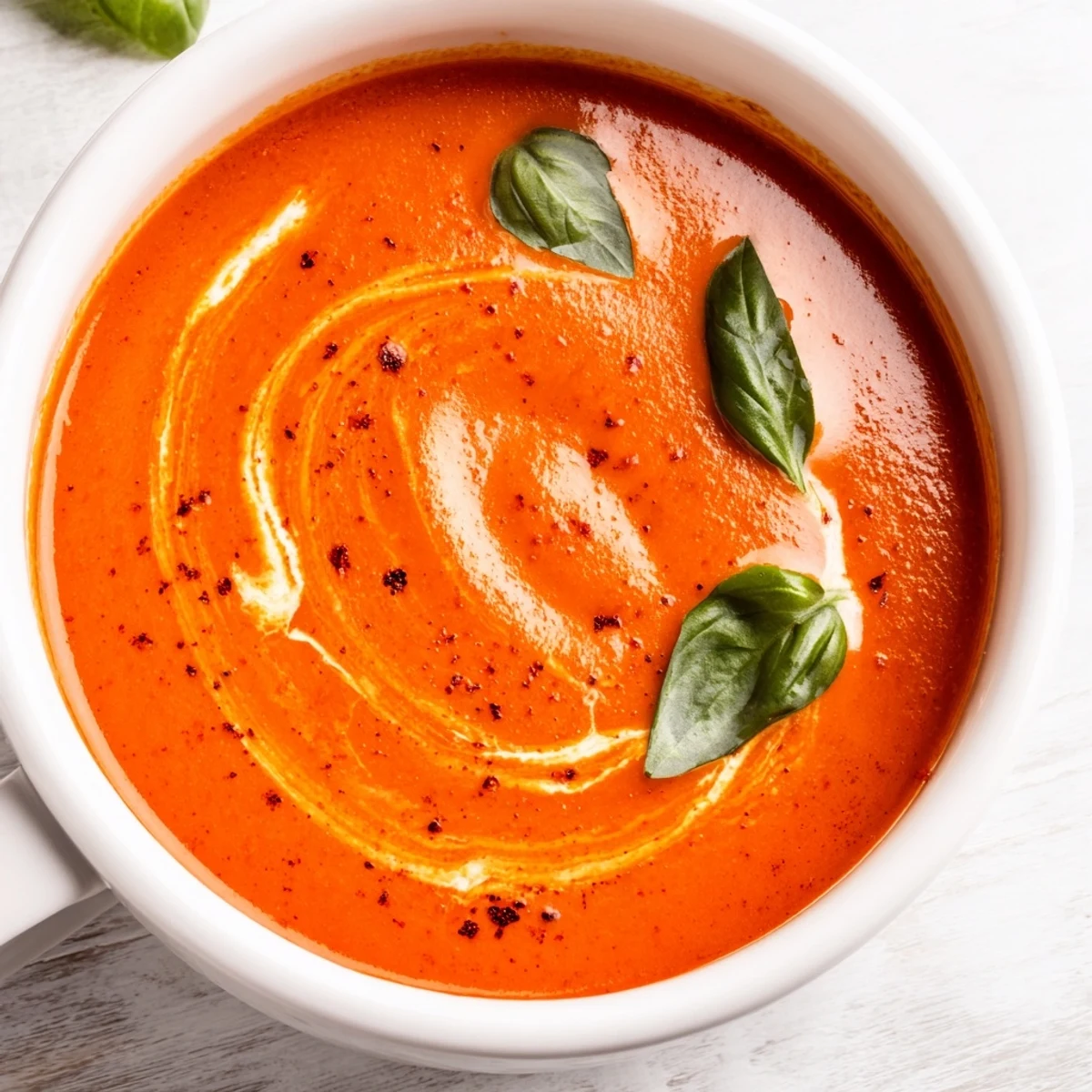 Smoky fire roasted tomato soup ladled into a rustic mug with crusty bread