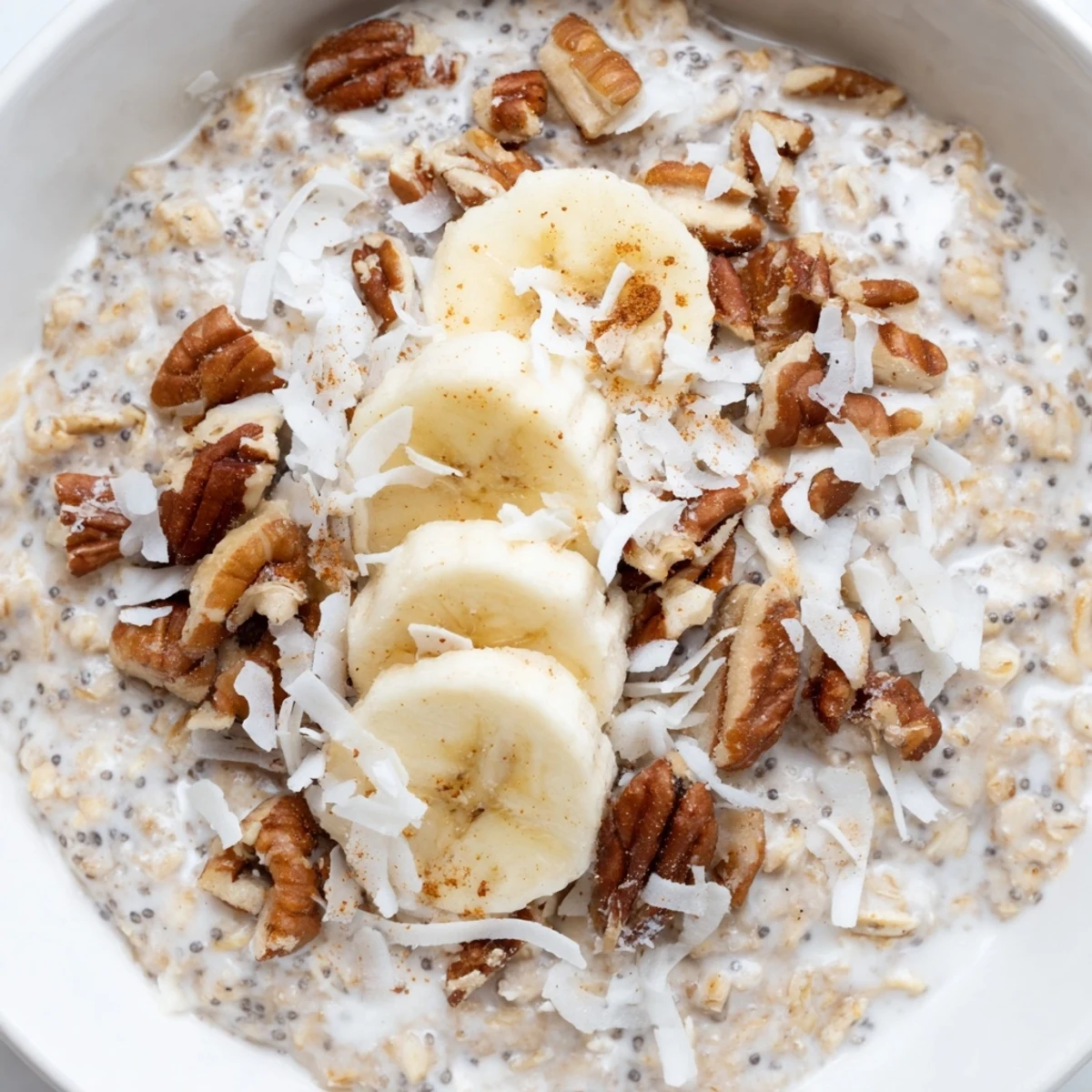 Creamy coconut cream pie overnight oats topped with toasted coconut flakes and chopped pecans in a mason jar