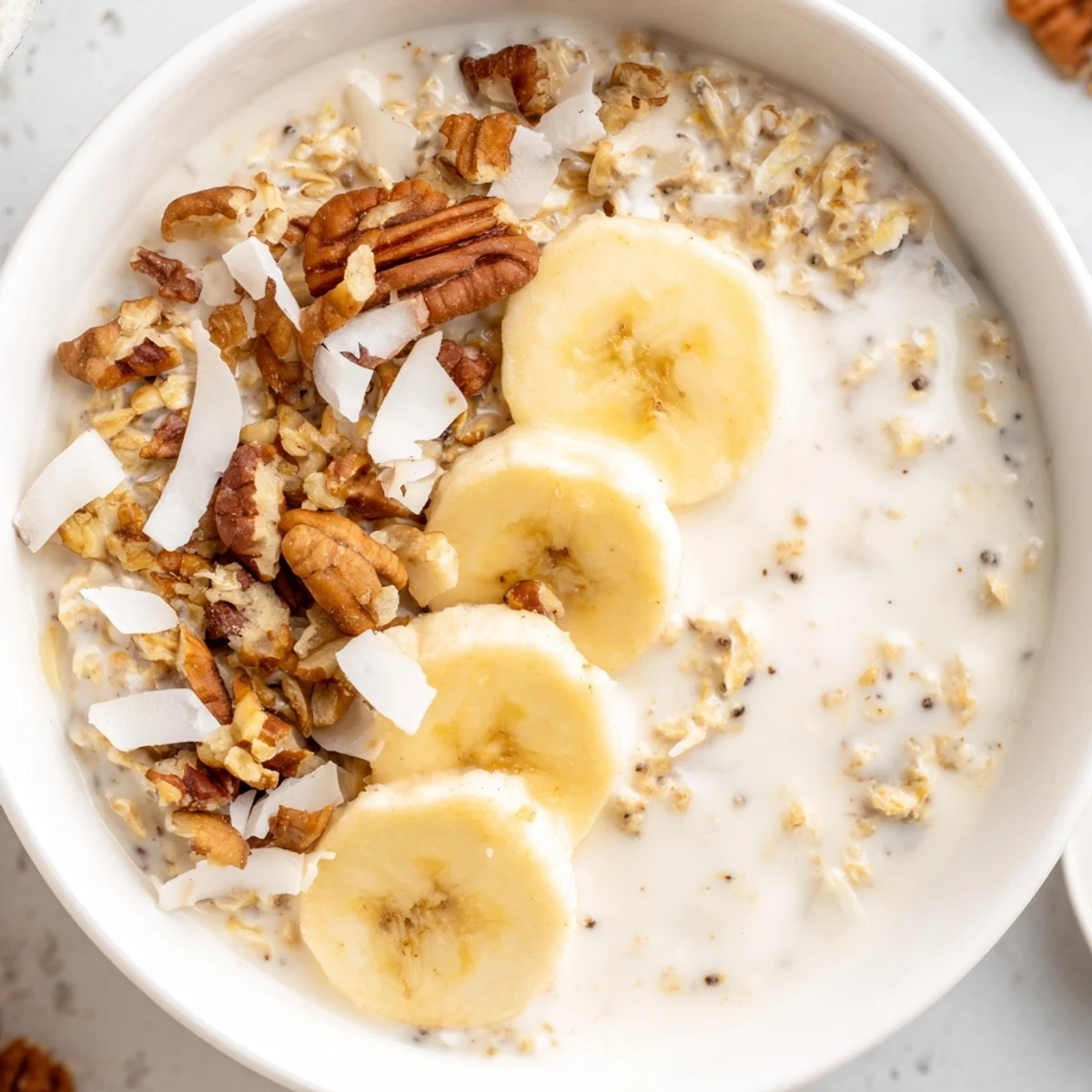 Thick coconut cream pie overnight oats served in glass jars with banana slices and crunchy nut toppings