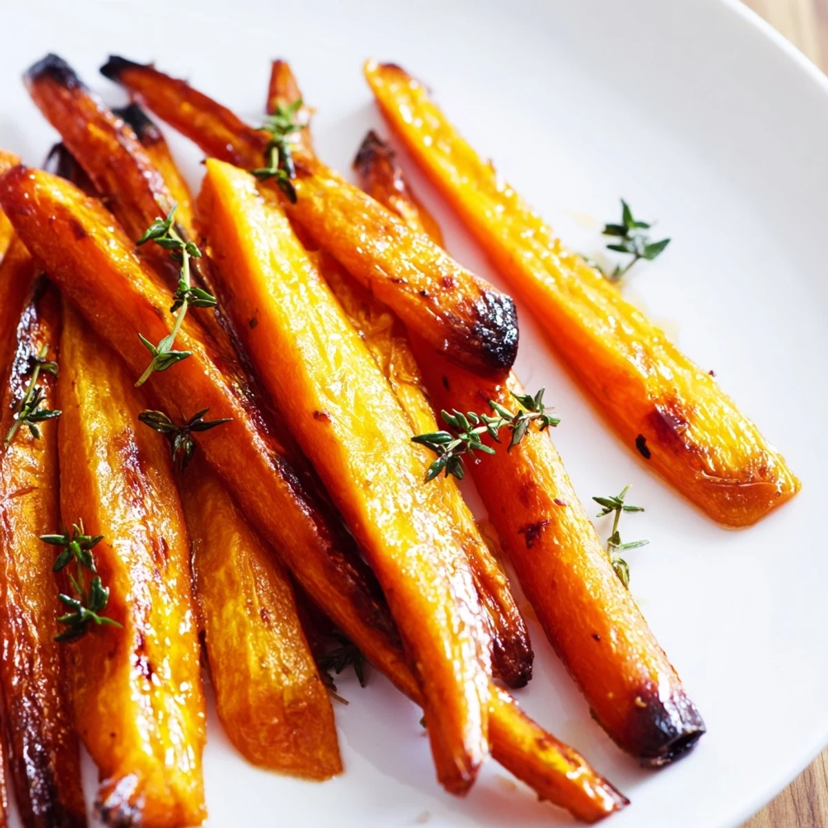 Honey roasted carrots glistening with caramelized glaze on a rustic white serving platter