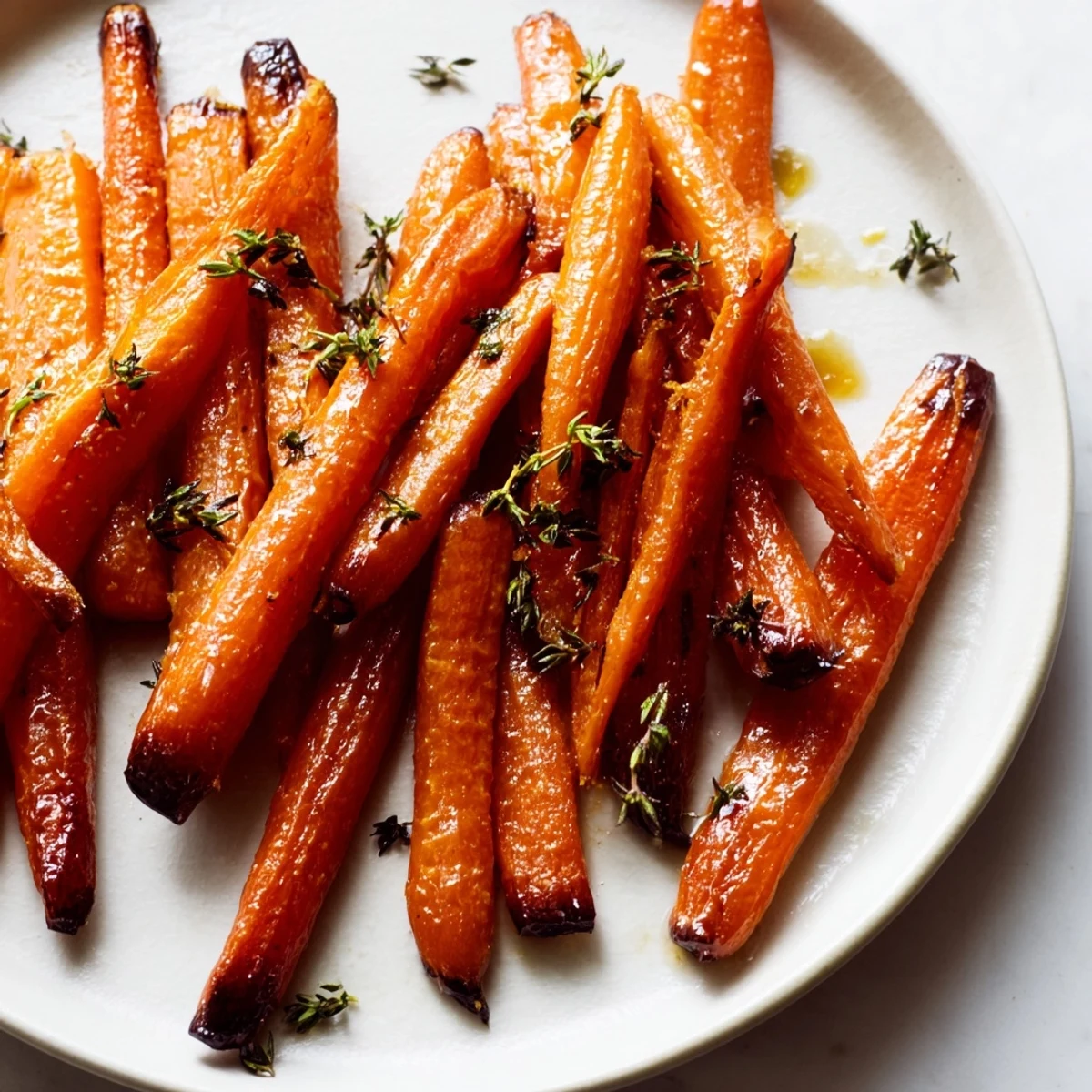 Tender honey roasted carrots with caramelized edges and fresh green herbs sprinkled on top