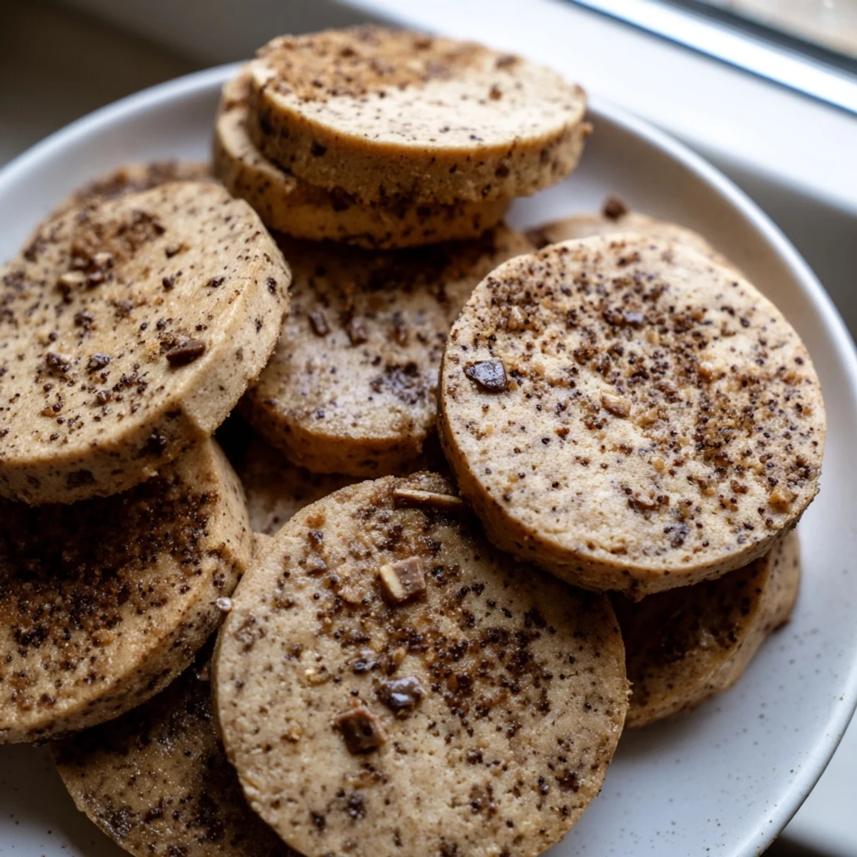 Golden espresso shortbread cookies with melted toffee chunks stacked on a rustic white plate