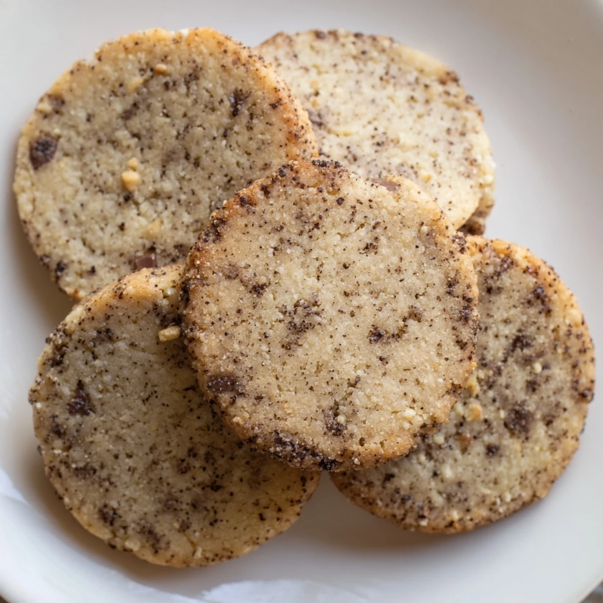 Crispy espresso shortbread cookies dotted with sweet toffee bits arranged beside a steaming mug
