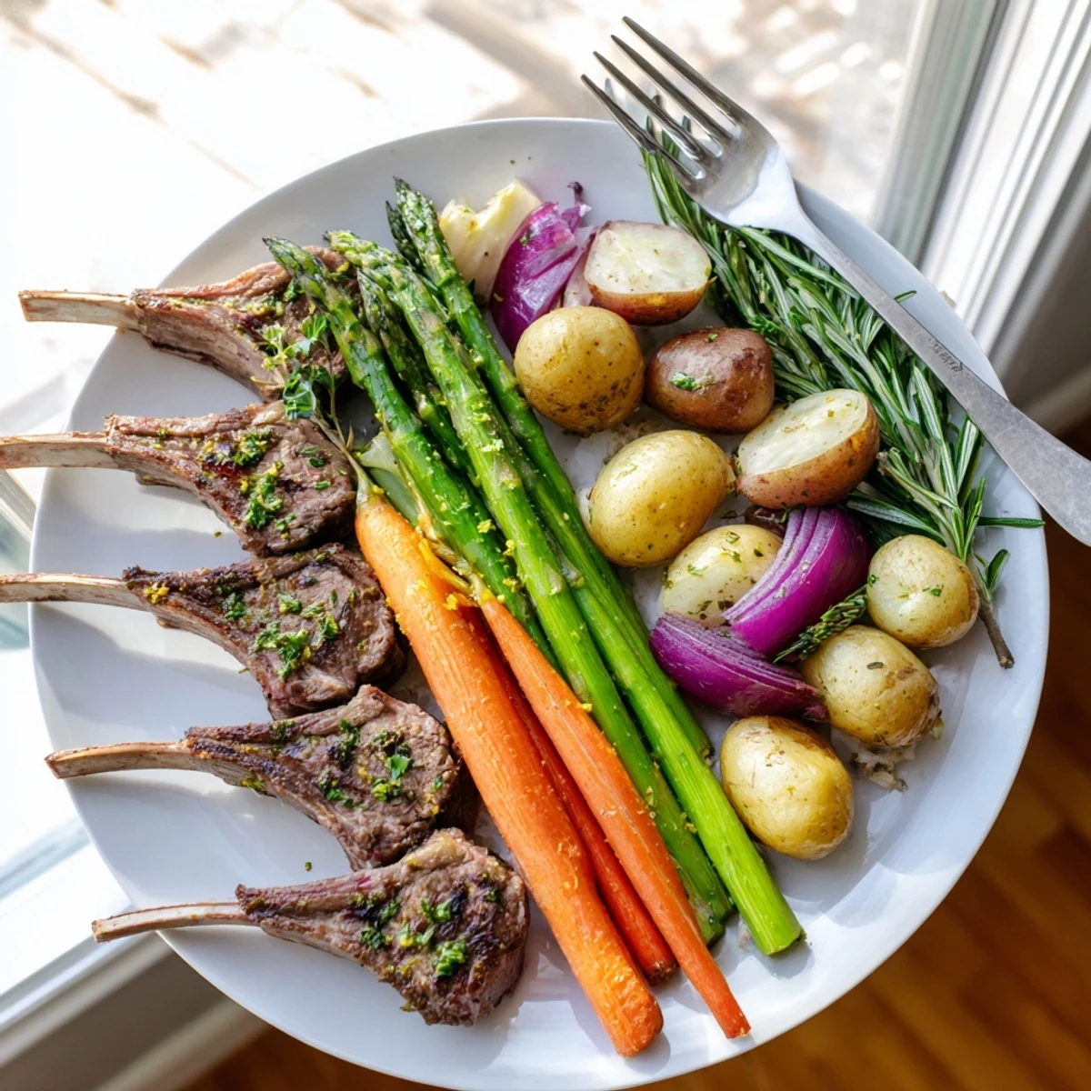 Golden herb-crusted lamb chops and roasted vegetables on a sheet pan Easter dinner