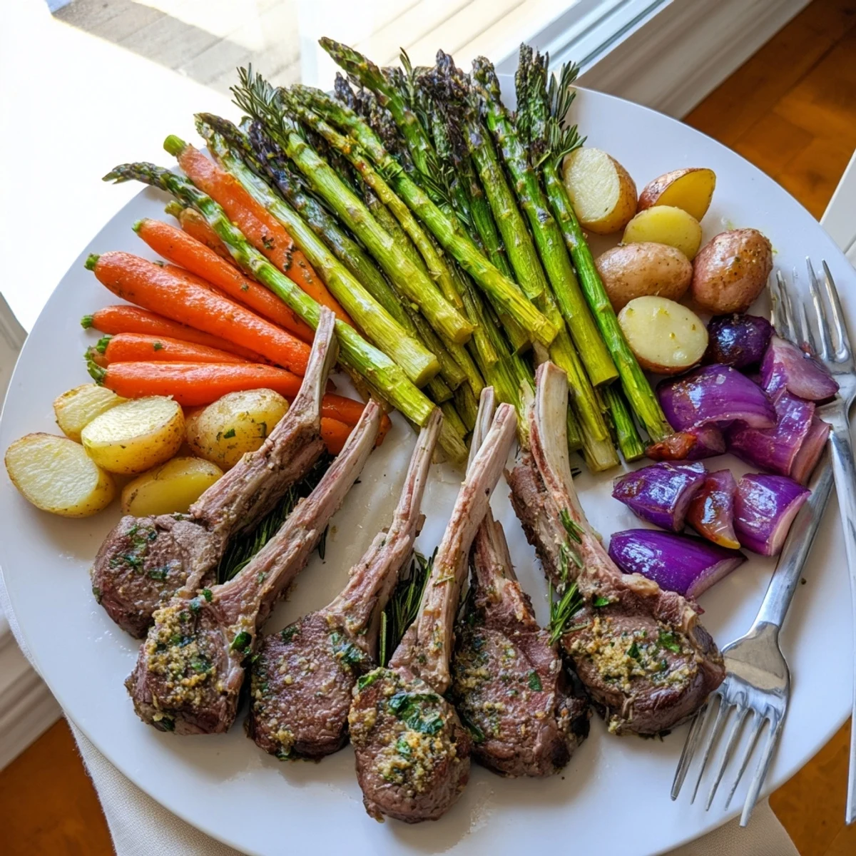 Tender rosemary lamb chops nestled with carrots, potatoes, and asparagus on sheet pan