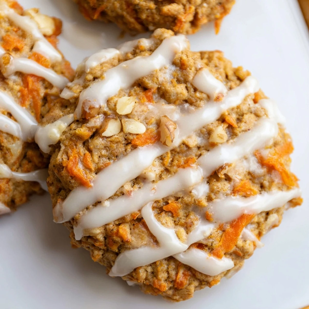 Chewy brown butter carrot cake cookies with crackly tops drizzled with tangy cream cheese glaze