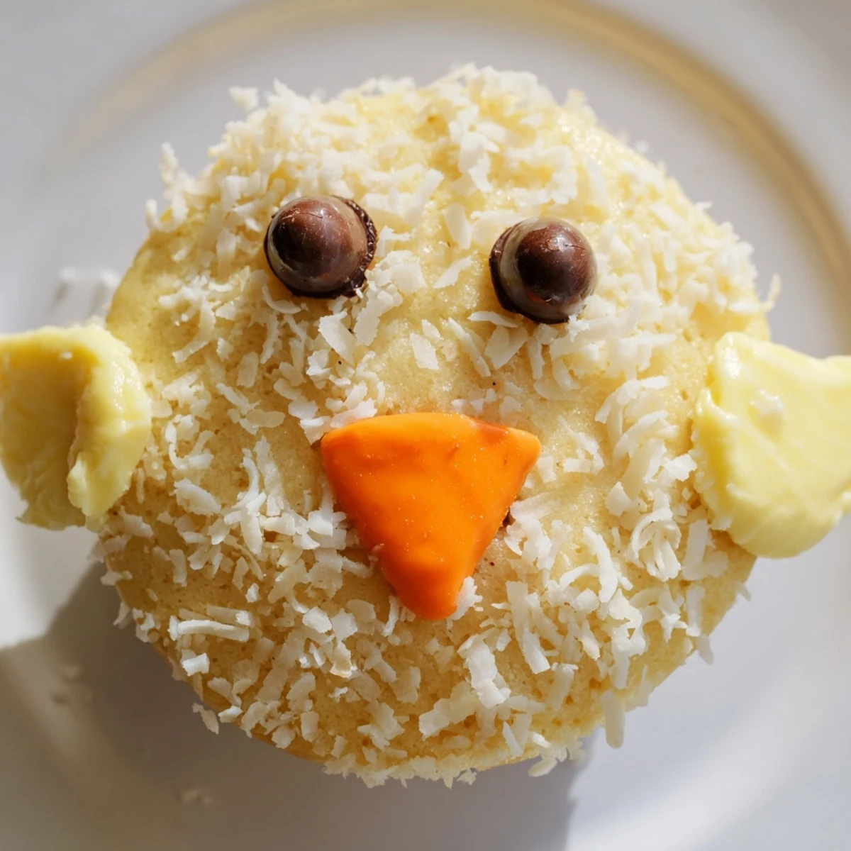 Festive Easter Chick Cupcakes topped with swirled buttercream and decorated with chocolate chip eyes