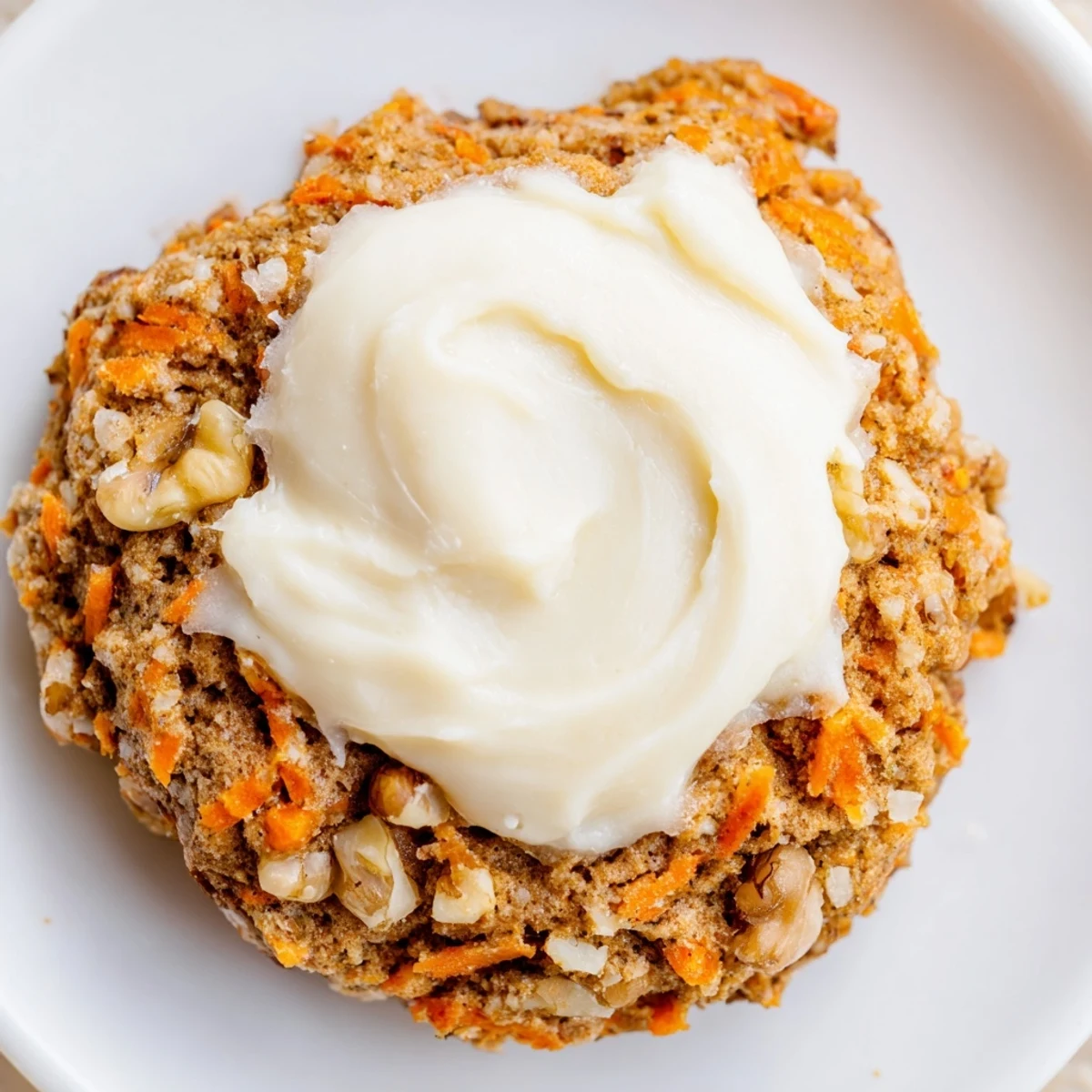 Thick spiced carrot cake cookies topped with fluffy cream cheese frosting and chopped walnuts