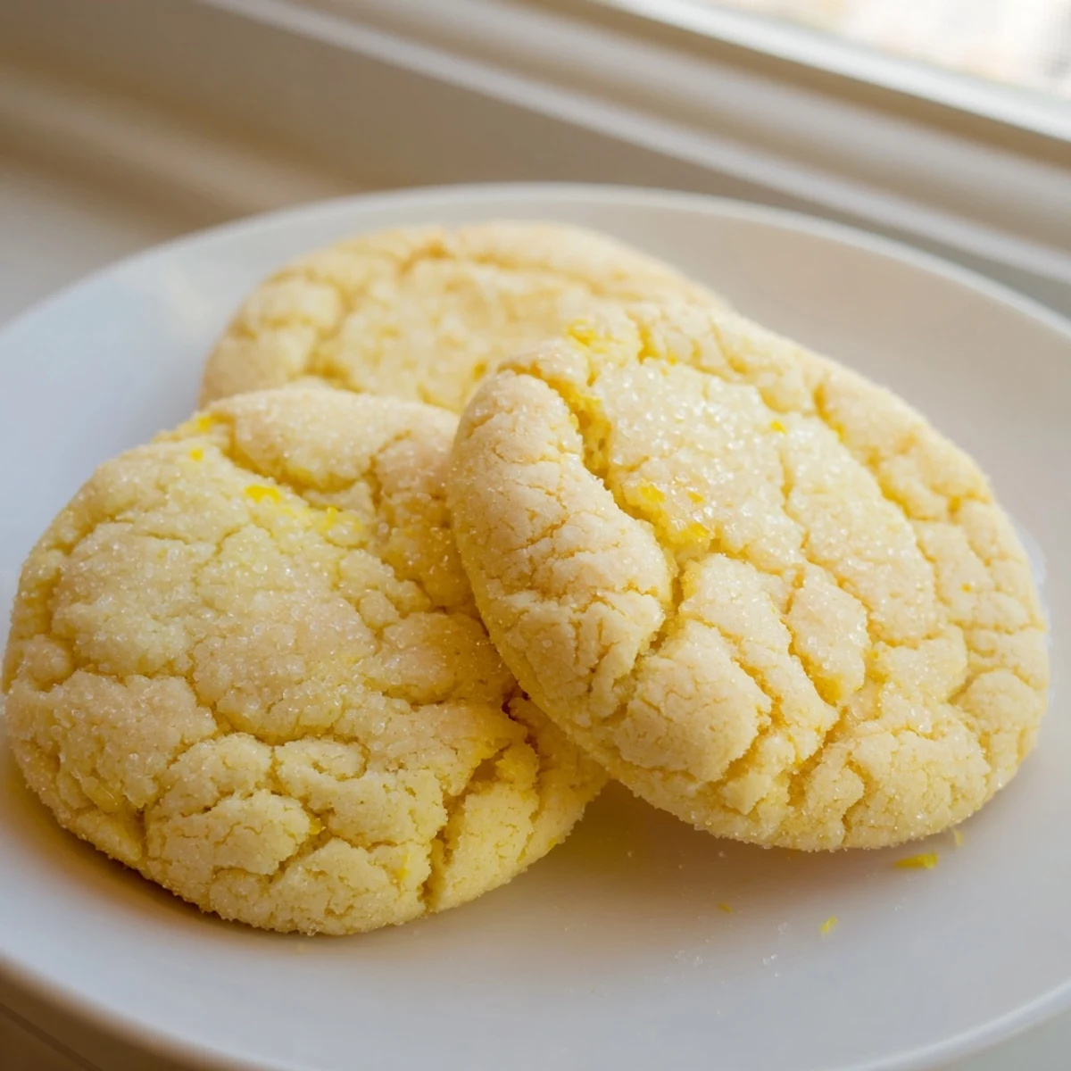 Chewy lemon sugar cookies topped with sparkling sugar on a rustic wooden board