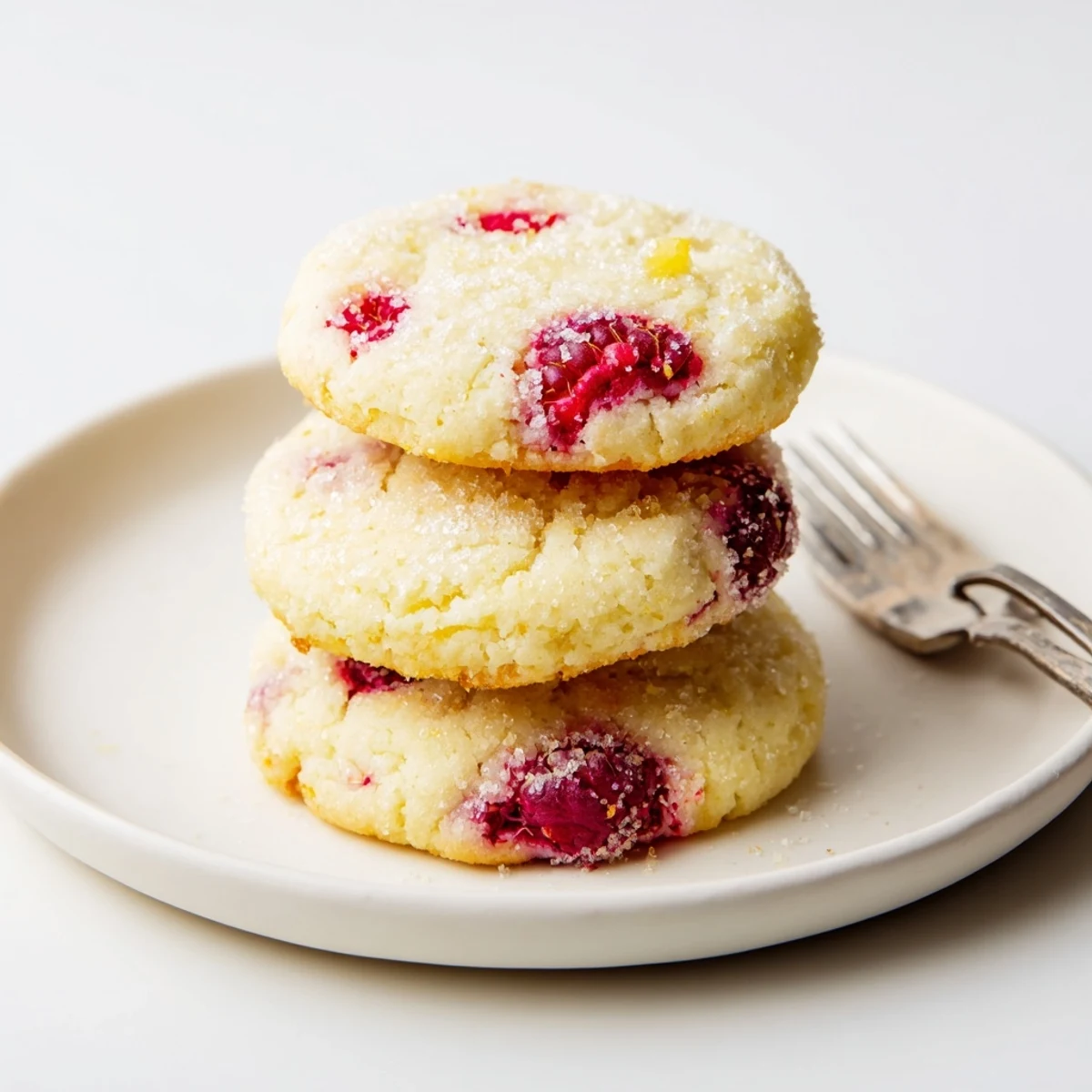 Soft Lemon Raspberry Cookies with golden edges and juicy red berries on rustic parchment paper