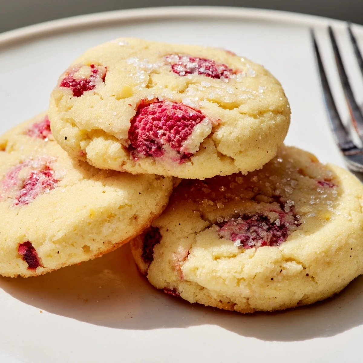 Chewy Lemon Raspberry Cookies arranged on white plate with citrus zest garnish