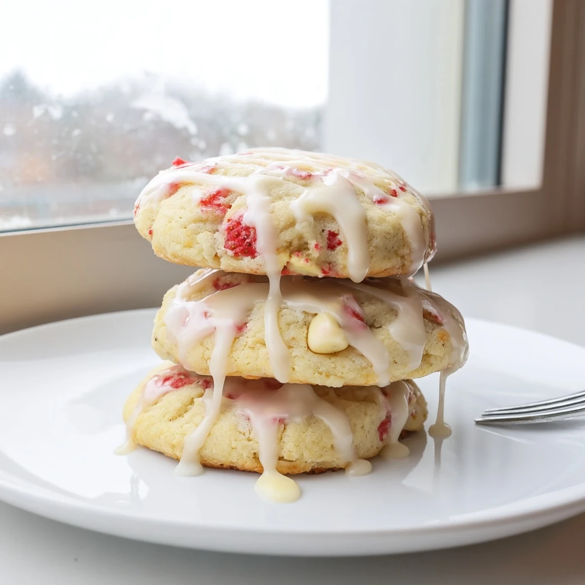 Soft strawberry lemonade cookies with pink fruity bits and drizzled white glaze on rustic bakeware