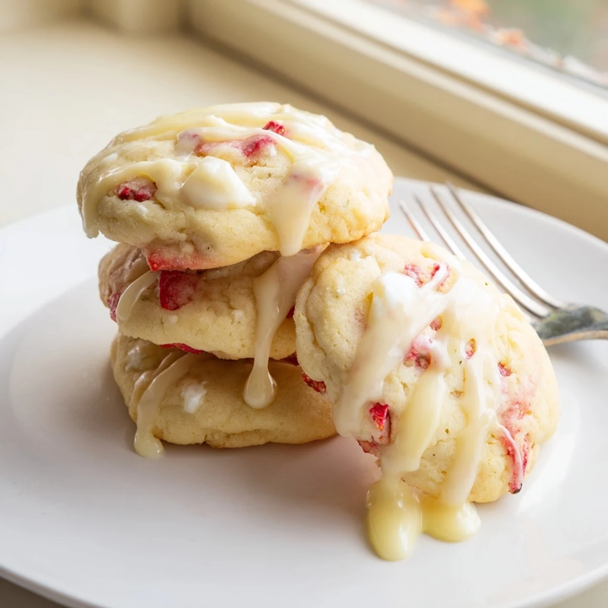 Chewy strawberry lemonade cookies topped with tangy citrus icing arranged on a cooling rack