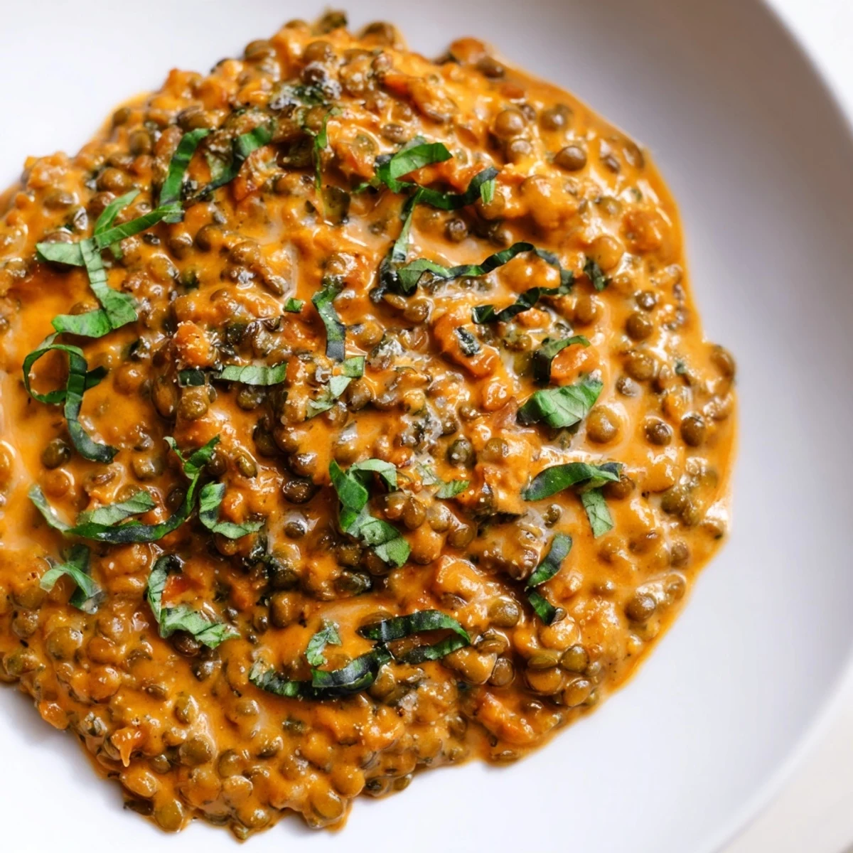 Creamy Marry Me Lentils in a rich sun-dried tomato sauce with fresh basil garnish on top