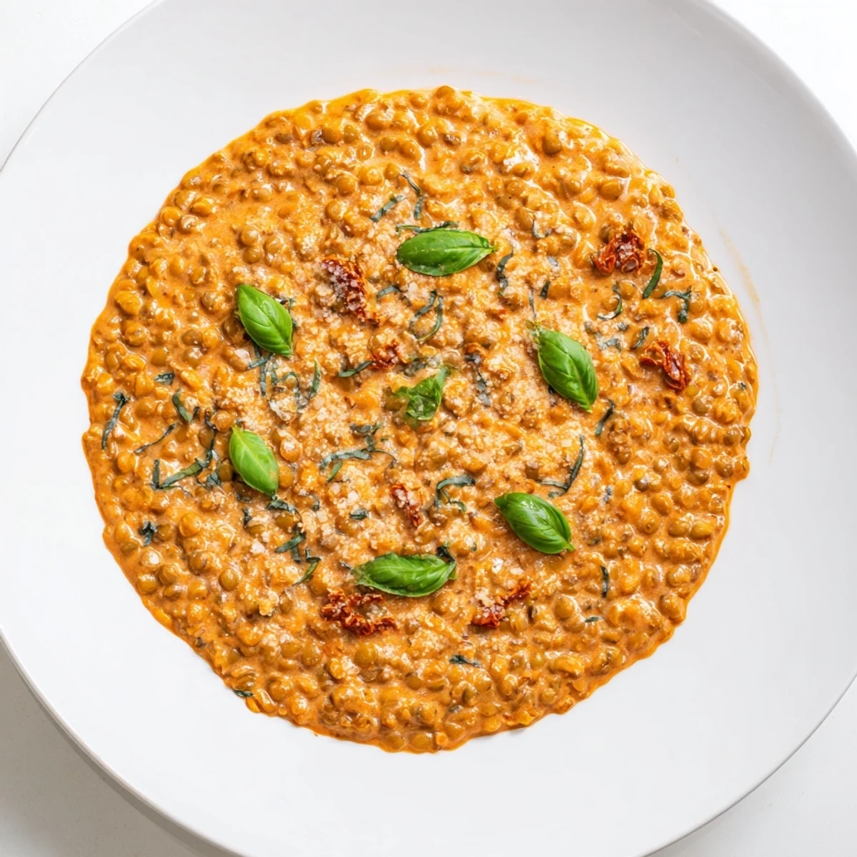 Warm bowl of Marry Me Lentils simmered with herbs and topped with melted Parmesan cheese