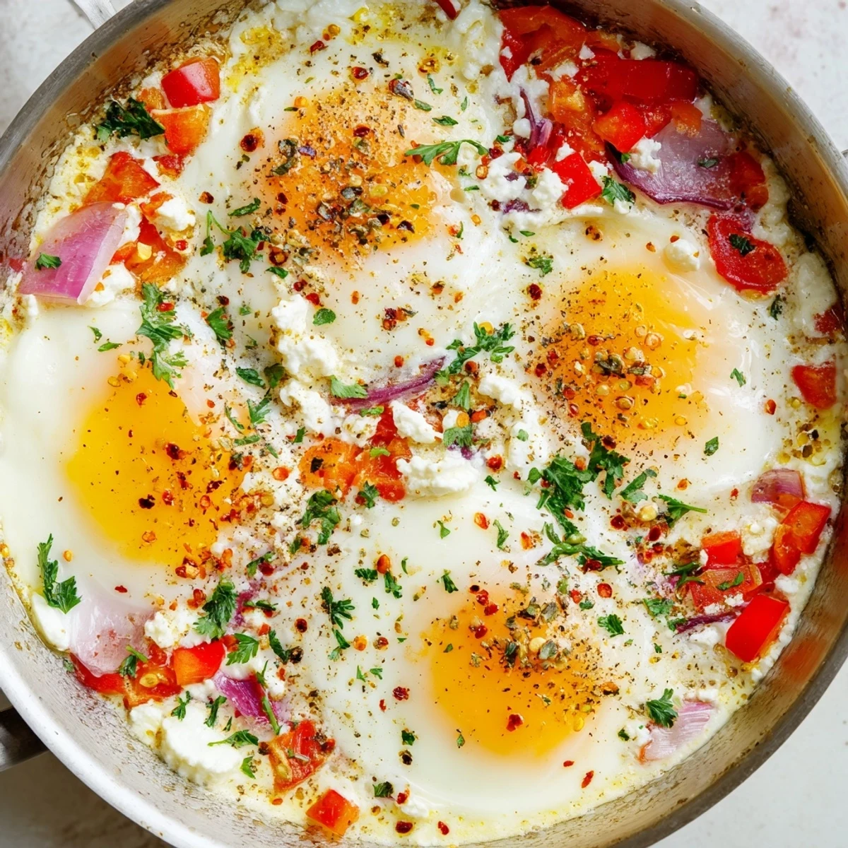 Creamy baked feta eggs with roasted tomatoes and herbs in cast iron skillet