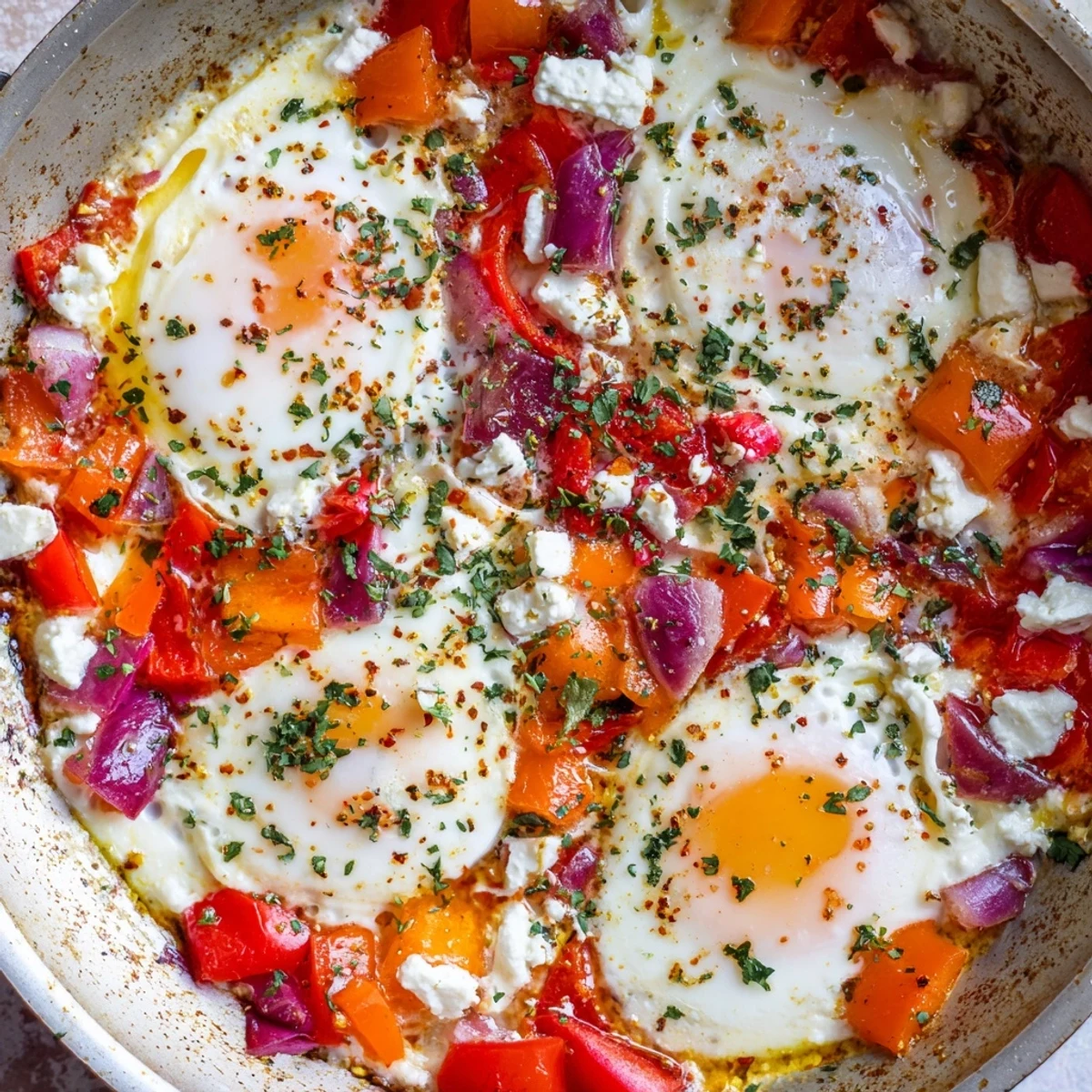 Golden baked feta eggs topped with red pepper flakes and fresh parsley
