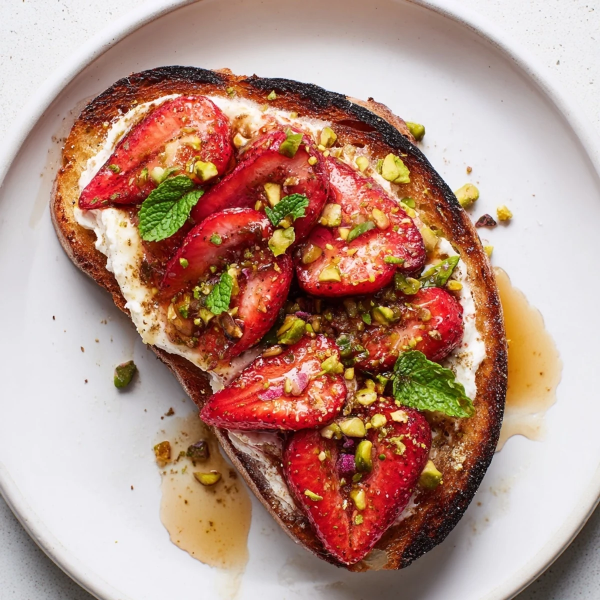 Creamy whipped ricotta toast topped with warm roasted strawberries and fresh mint garnish