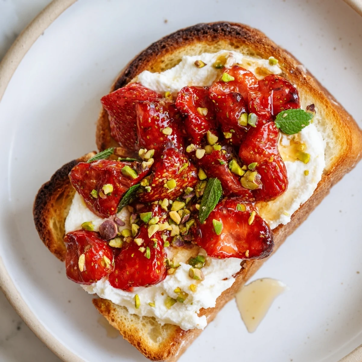 Crispy sourdough spread with fluffy whipped ricotta and syrupy oven-roasted strawberry topping