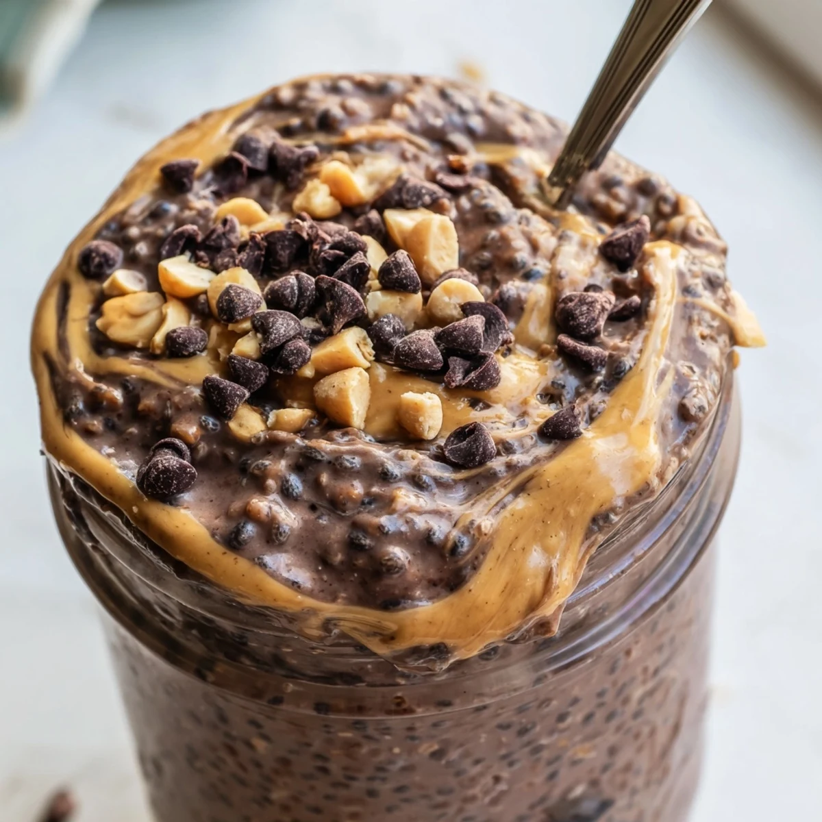 Creamy chocolate peanut butter overnight oats topped with chocolate chips and chopped peanuts in a jar