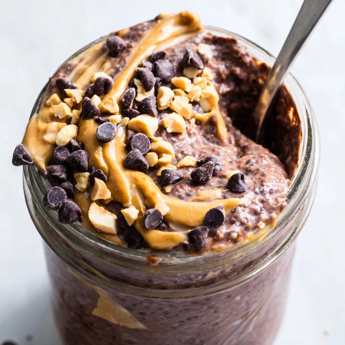 Rich chocolate peanut butter overnight oats served chilled with fresh banana slices and crunchy toppings