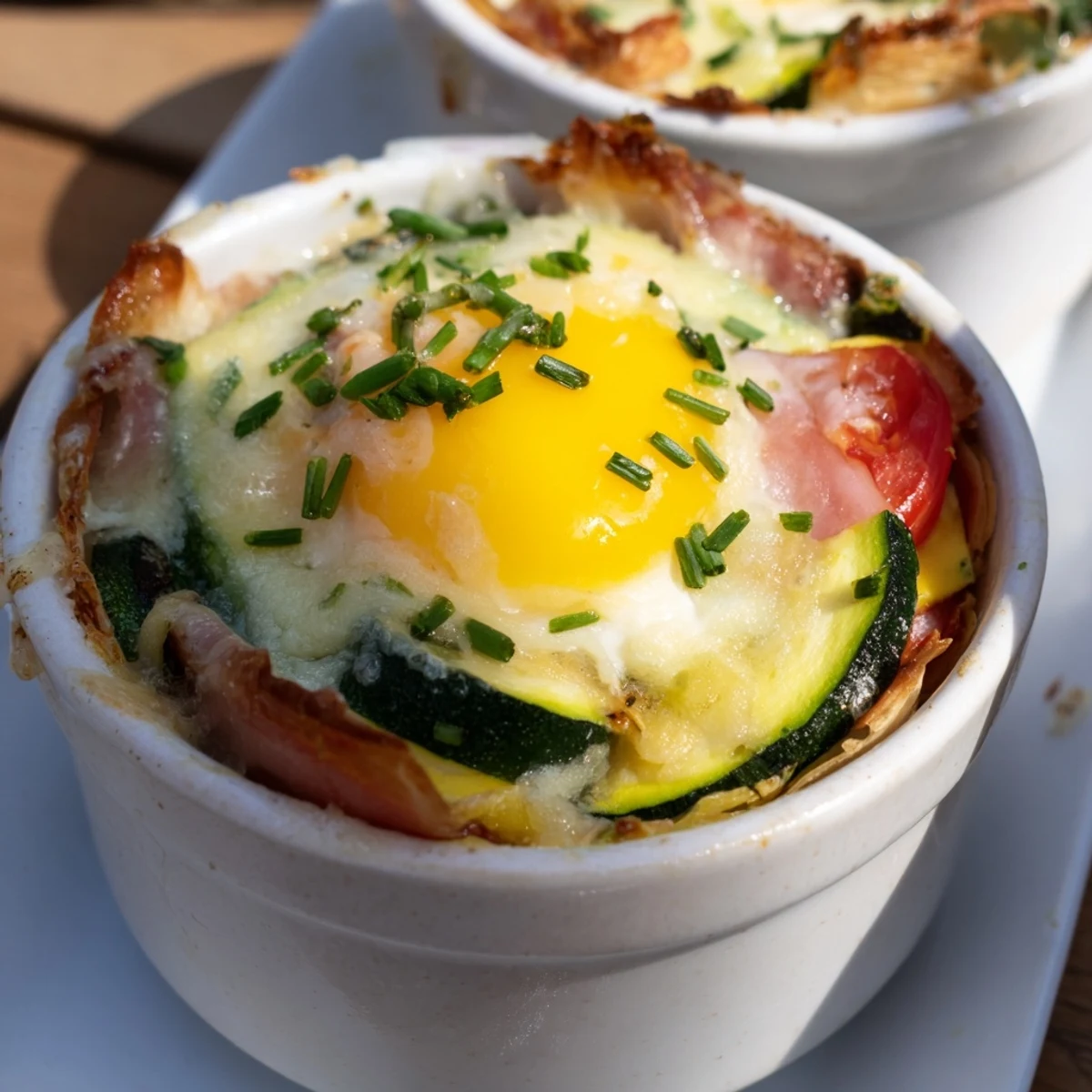 Baked Eggs Napoleon with golden runny yolks nestled in creamy Gruyère sauce and layered vegetables